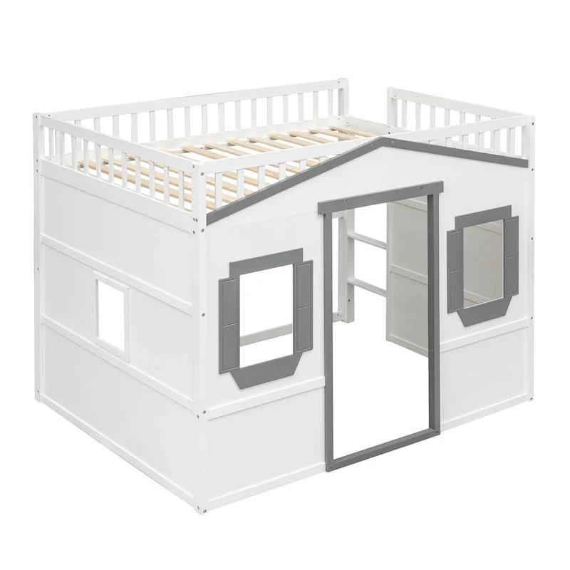 White+Gray Castle Style Solid Pine Wood Loft Bed with Ladder and Guard Rails