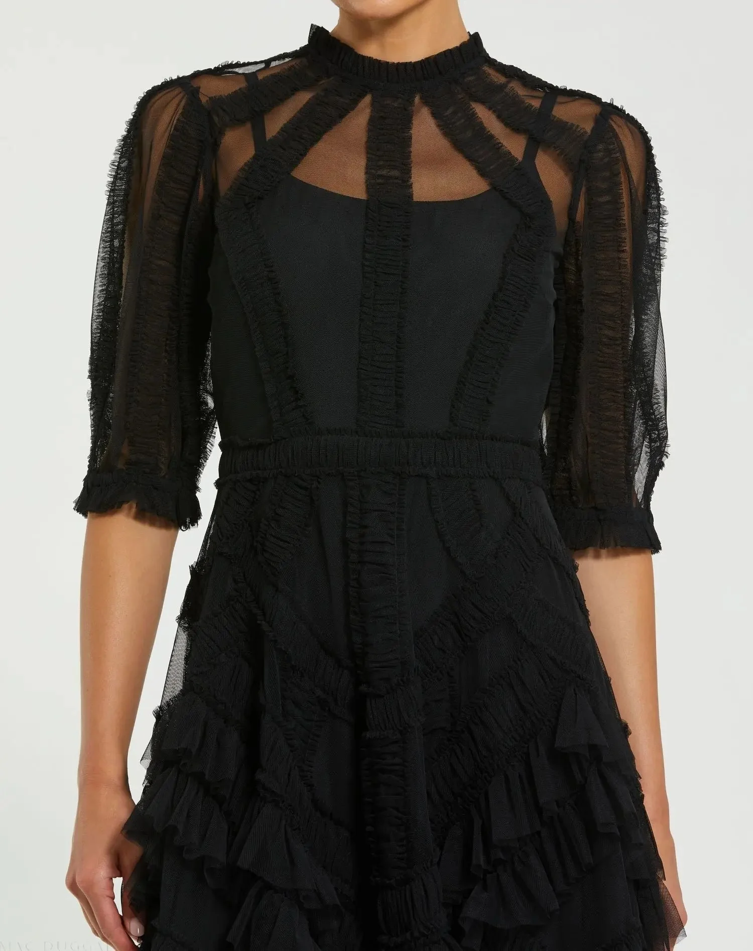 Black High Neck Ruffle Tiered A-Line Midi Dress