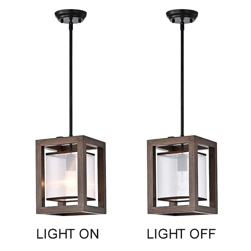 Alina 1 Light Antique Black Metal Natural Wood Fabric Shade Pendant Chandelier