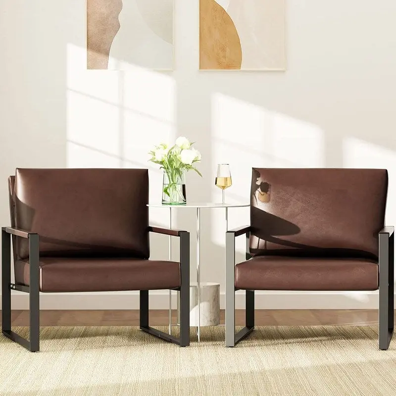 Modern Vintage Upholstered PU Leather Armchairs, Mid Century Accent Chairs with Steel Frame, Leisure Chairs (Set of 2)