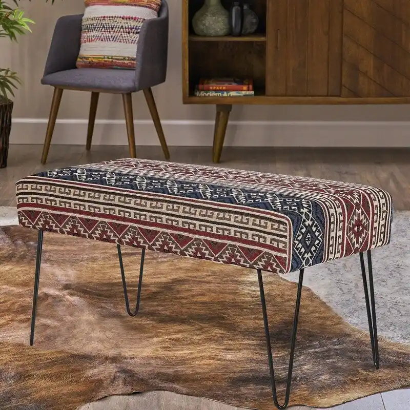 Grey / Red & Blue Fabric Rectangular Bench Ottoman, 2-Person