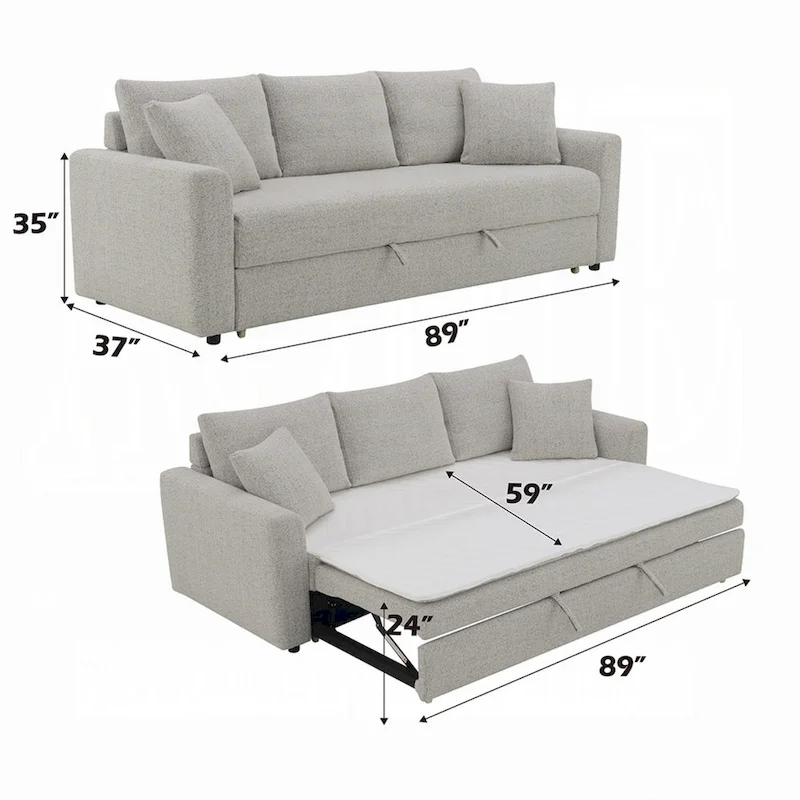 Conan Sleeper Sofa, Full Fold Out Bed, 2 Pillows, Gray Boucle, 89 Inch