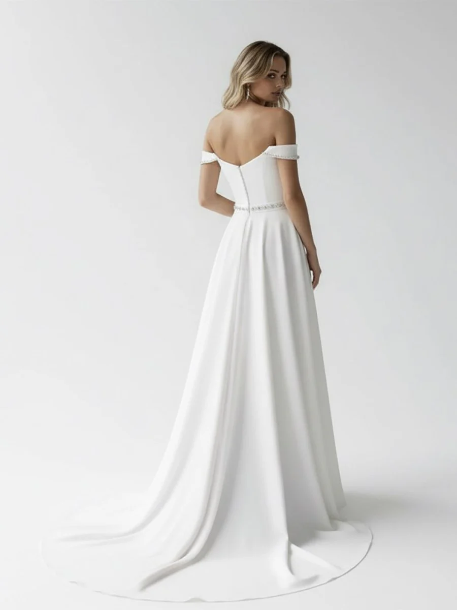A-Line Off the Shoulder Beaded Wedding Dress