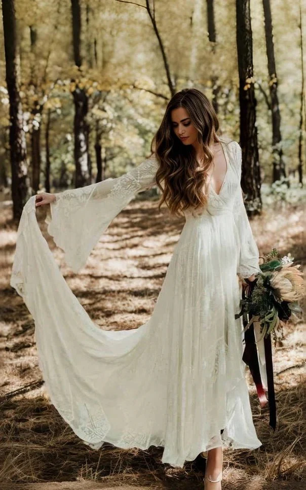 Simple Casual Long Sleeves Boho Lace Wedding Dress With Sweep Train
