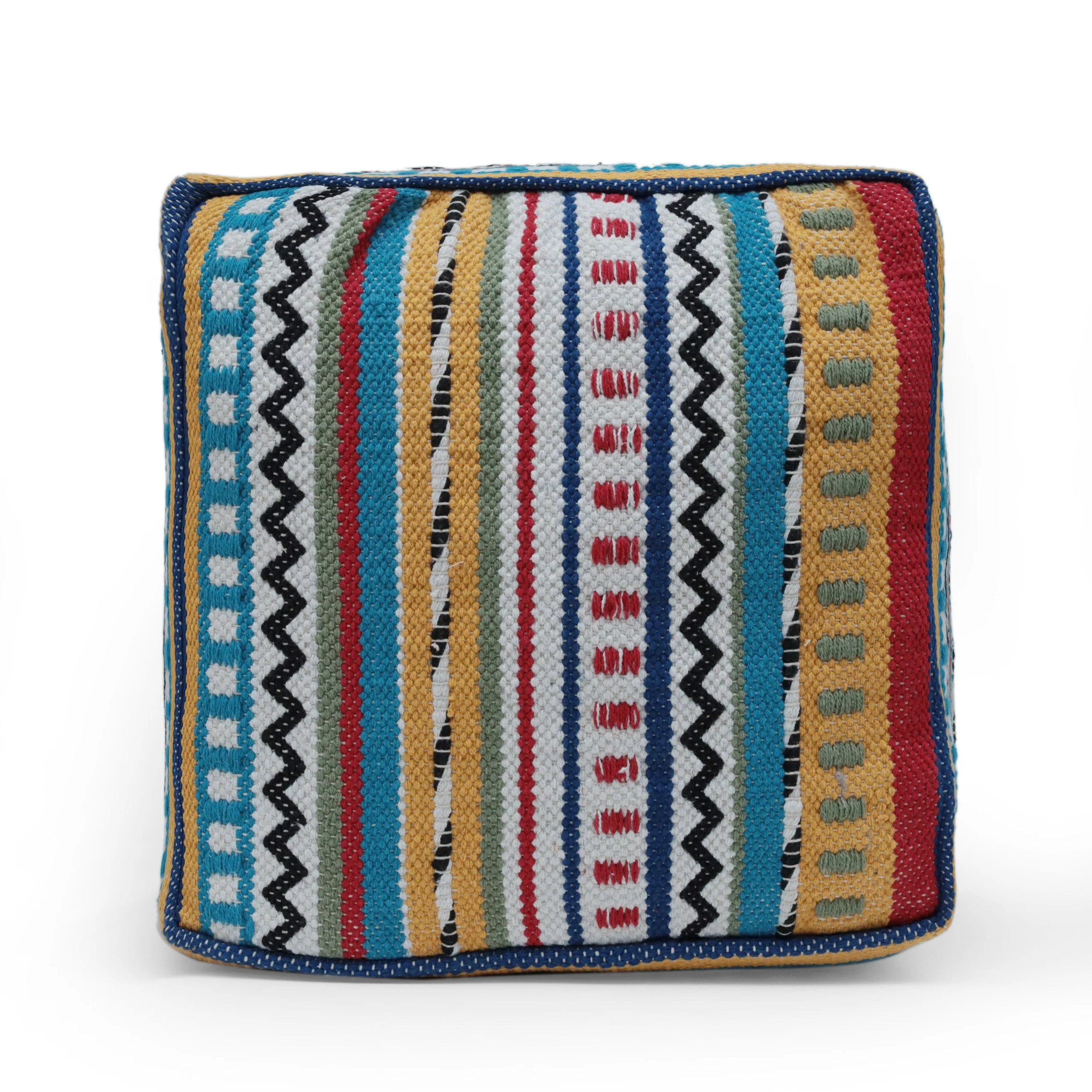 Boho Handcrafted Peruvian Print Cube Pouf - NH615413
