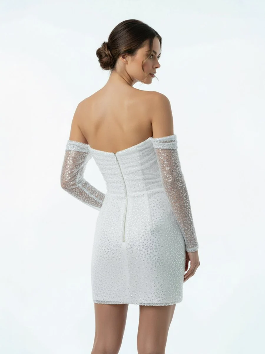 Chic Short Sequined Backless Wedding Dress With Long Detachable Sleeves
