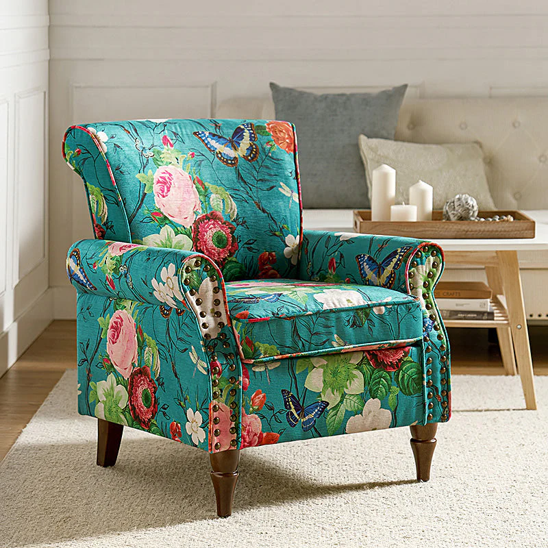 Upholstered Armchair with Rolled Arms & Nailhead Trim | Mustard / Floral / Blue / Cowhide / Yellow / Green / Black / Grey / Navy / Pine / Medallion / Pink | Single Seat