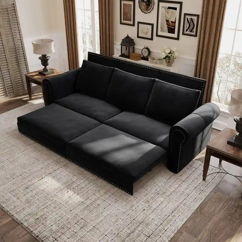 Chesterfield Sofa Bed, King Pull Out Sofa Bed, Velvet/Faux Leather Convertible Sleeper Sofa w/ Nailhead Trim & Rolled Arm
