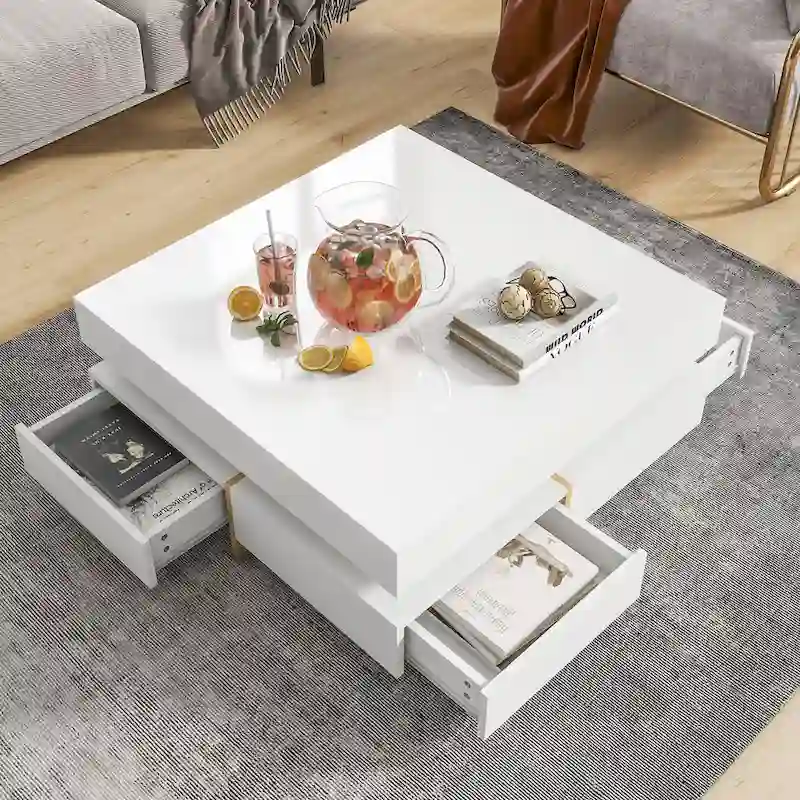 White High Gloss Coffee Table with 4 Drawers - 31.5
