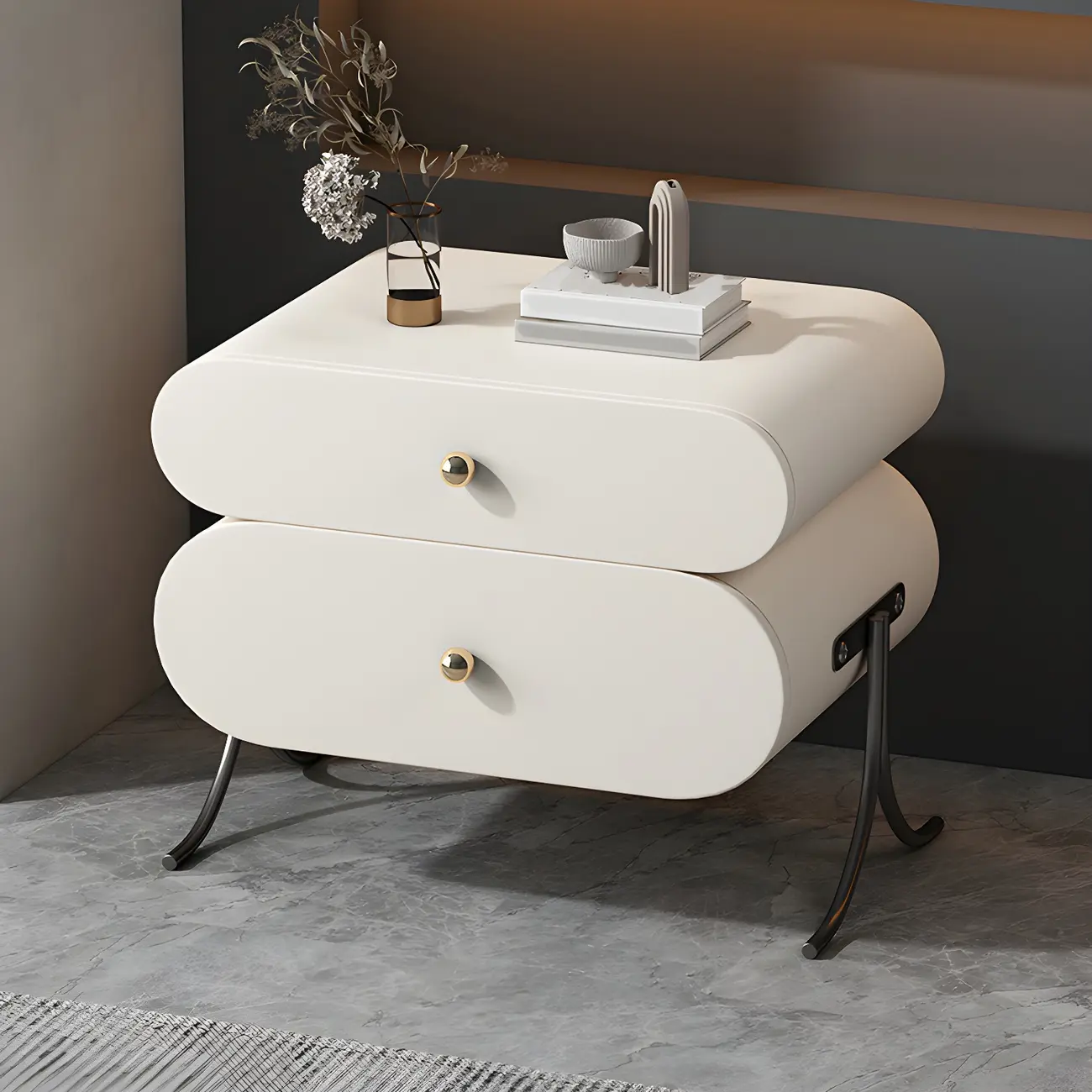 Contemporary Wood Faux Leather Rounded 2-Drawer Nightstand