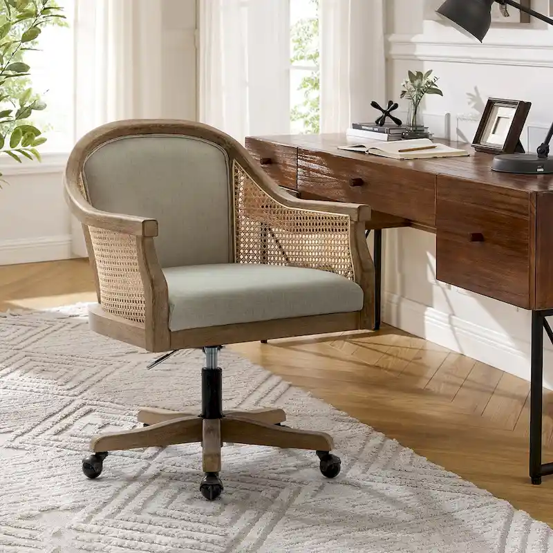 Ivory/Linen/Blue Farmhouse Rattan Swivel Desk Chair, Height Adjustable, Single Seat