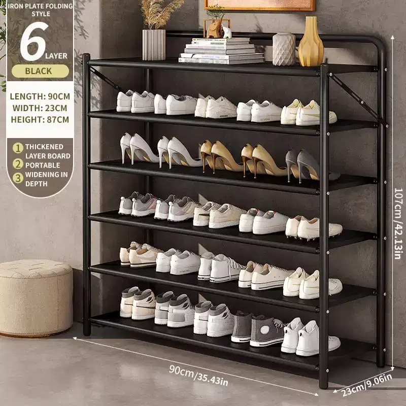 AEELLEEA Space-Saving Slim Shoe Rack Organizer - Sturdy Metal Frame Shoe Storage Holder for 10-20 Pairs, Rustic Black, Ideal for Entryway