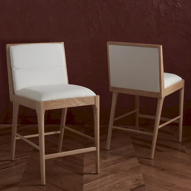White Linen Counter Stool, Tufted, Set of 2