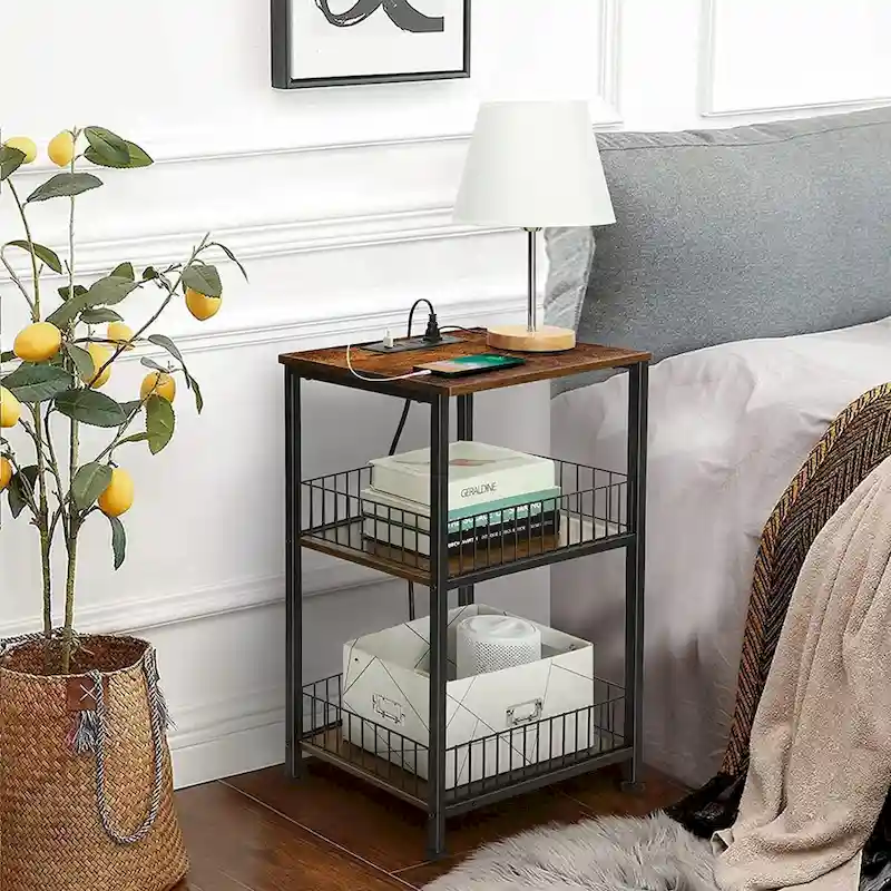 Black/Brown 3-Tier Nightstand with Charging Station, Single