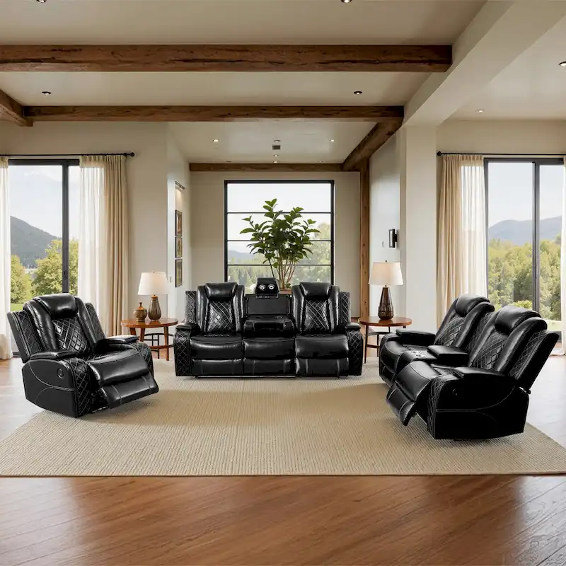 Modern 3-Piece Leather Recliner Sofa Set with LED, Wireless Charging