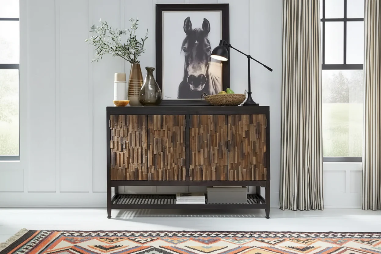 Brown Black Chalkboard Finish Buffet Server with Mosaic Front and Butcher Block Top