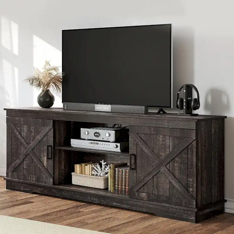 Moasis Farmhouse TV Stand with Barn Door Media Console Entertainment Center with Storage Cabinets