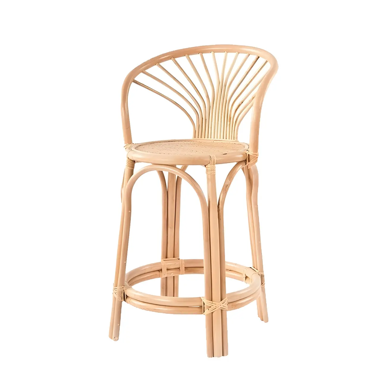 Comtemporary Wood Rattan Back Bar Stools with Footrest