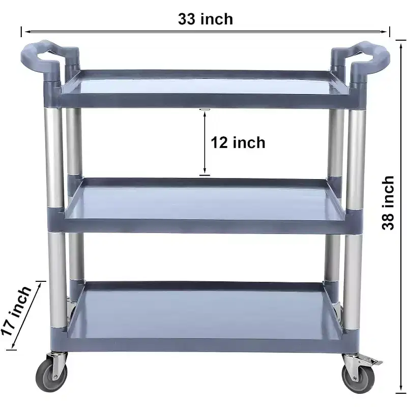 3 Tier Plastic Service Utility Cart with Wheels, Lockable Wheels, Metal Frame, Office/Kitchen/Hotel Food Service/Commercial/Restaurant