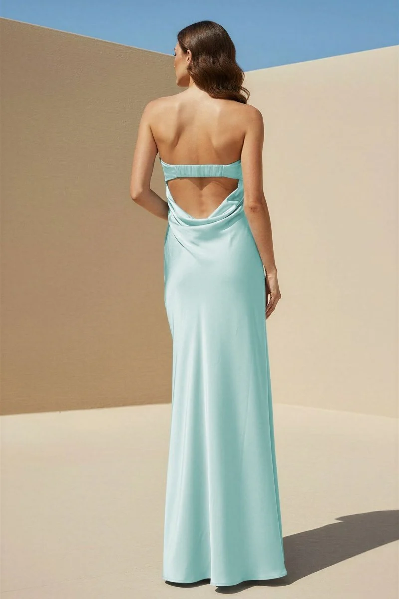 Sky Blue Strapless Sheath Satin Pleated Open Back Long Prom Dresses