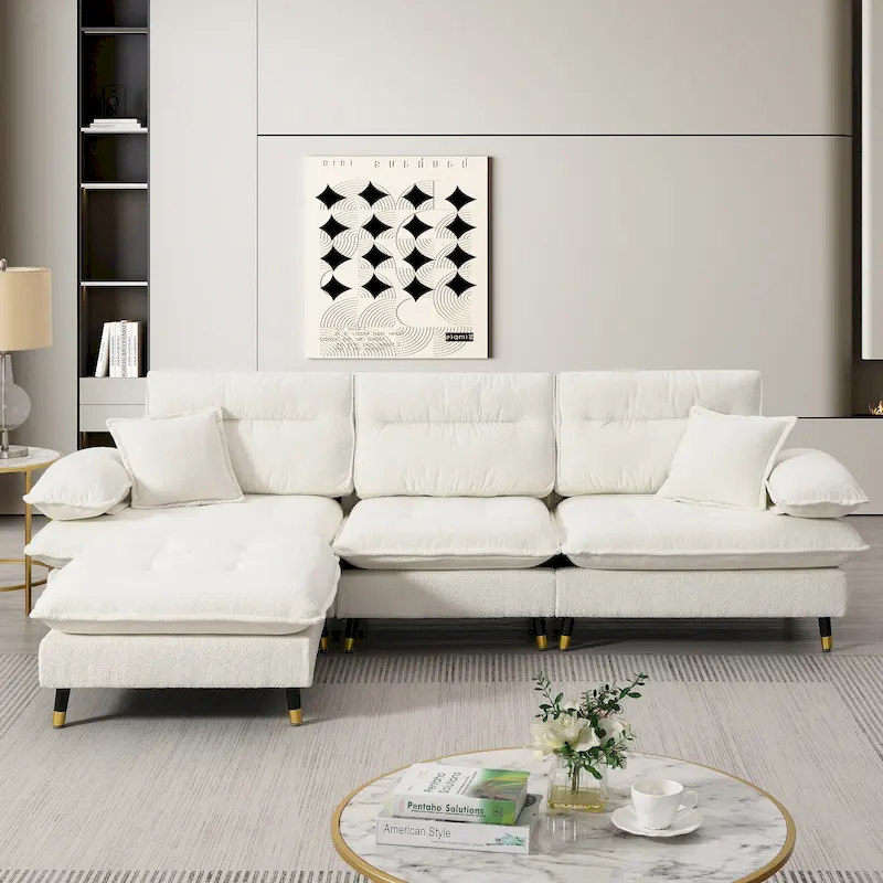 White / Black / Grey L-Shaped Sectional Sofa with Ottoman, Seats 4