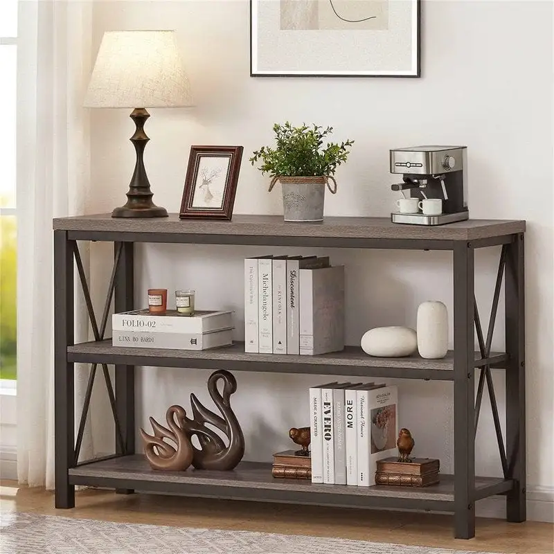 Industrial Console Table, Dark Grey Oak / Rustic Brown, 3-Tier Open Shelf