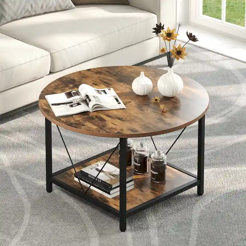 Moasis Industrial 2-Tier Round Coffee Table with Shelf
