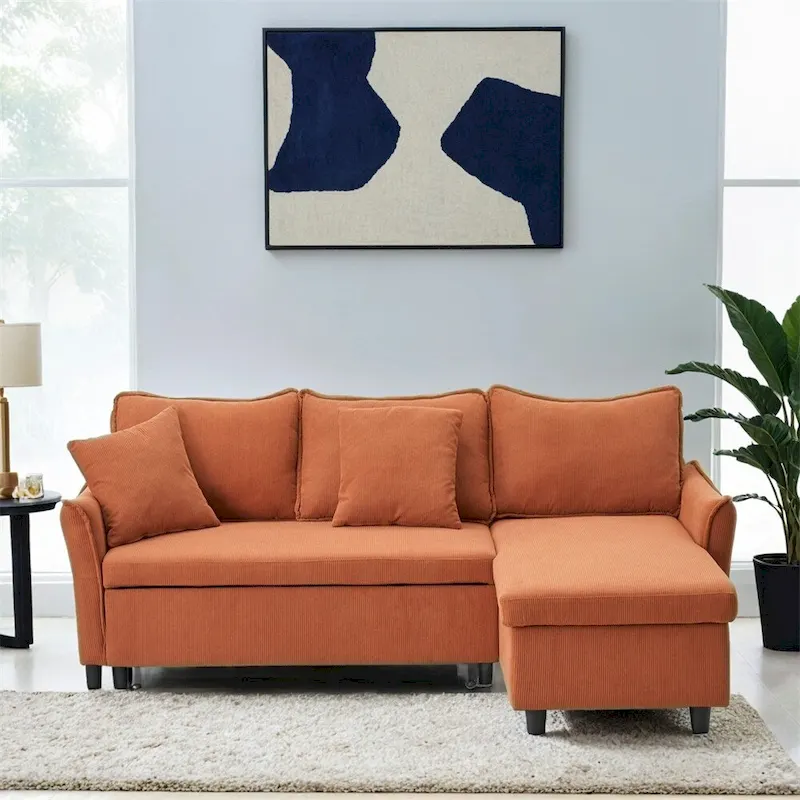 Black/Orange/Yellow/Grey Corduroy L-Shaped Sofa with Storage & 2 Pillows, 2-3 Person