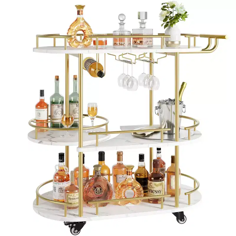 CuisinSmart 3 Tier Bar Carts, Rotated Bar Cart Gold with Wine Rack and Glass Holder, Bar Serving Cart with Wheels