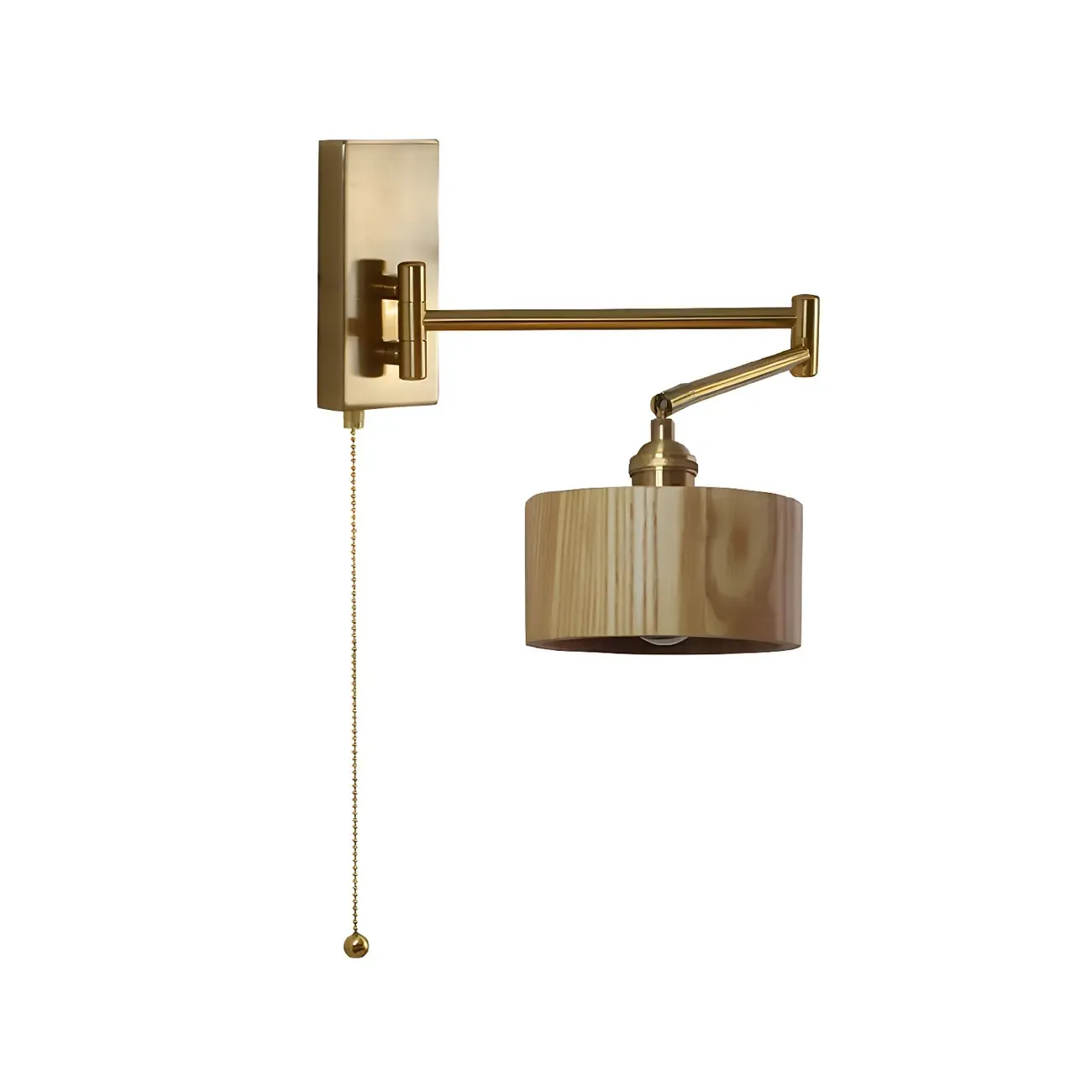 Brown Wood Shade Brass Metal Swing Arm Wall Light