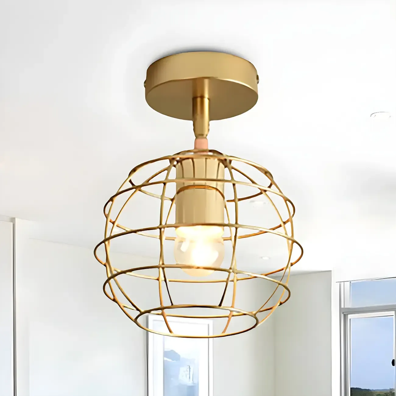 Industrial Brass Dome Semi Flush Metal Ceiling Light
