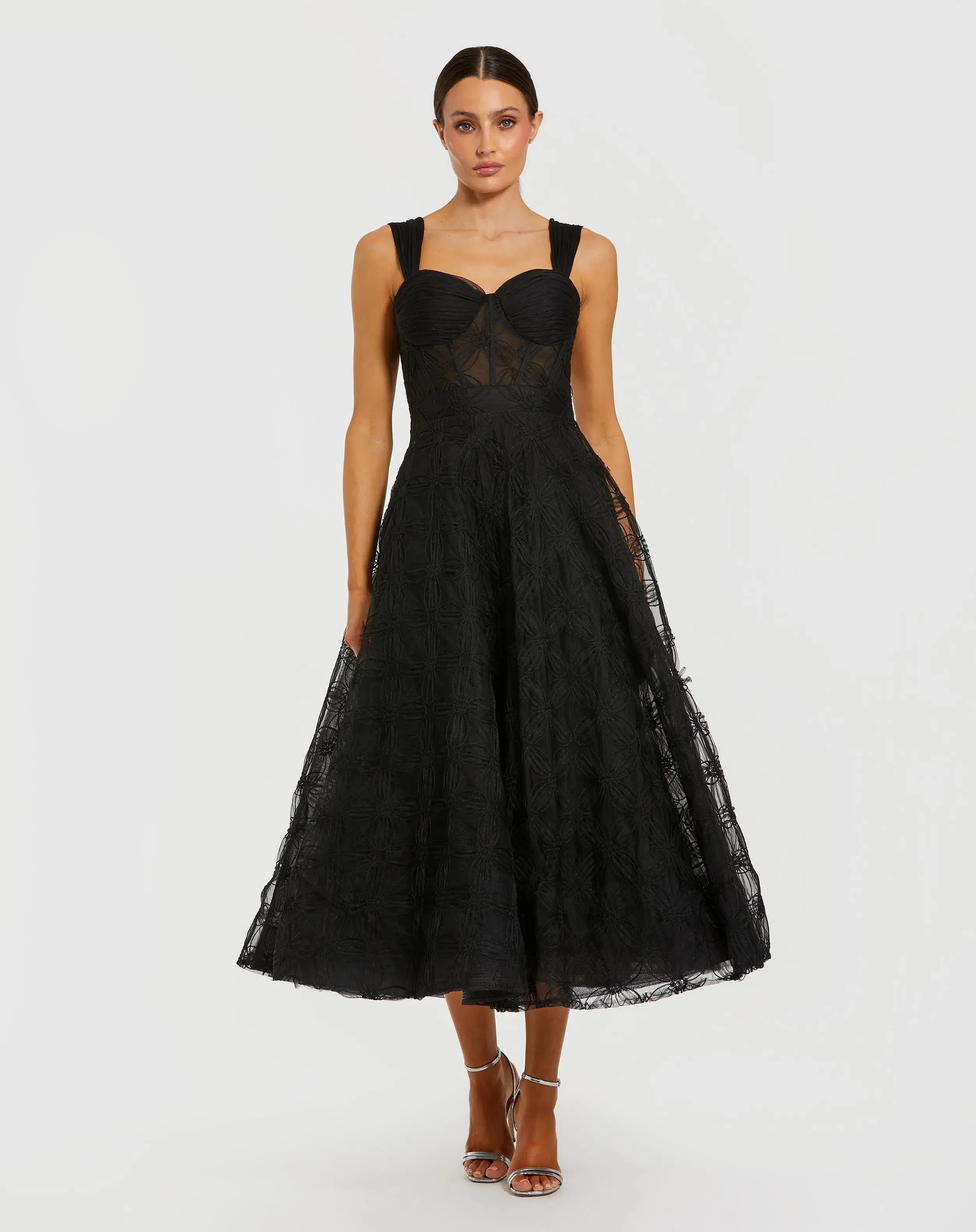 Black Bustier Sleeveless A-Line Tulle Midi Dress
