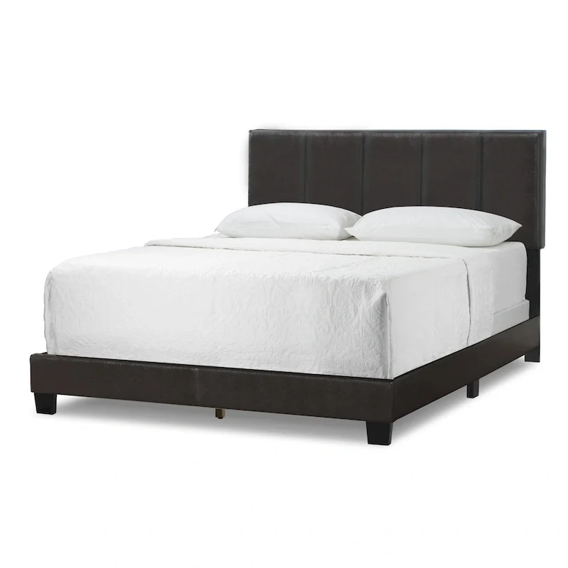 Black Brown Faux Leather Bed with Line Stitch Tufting