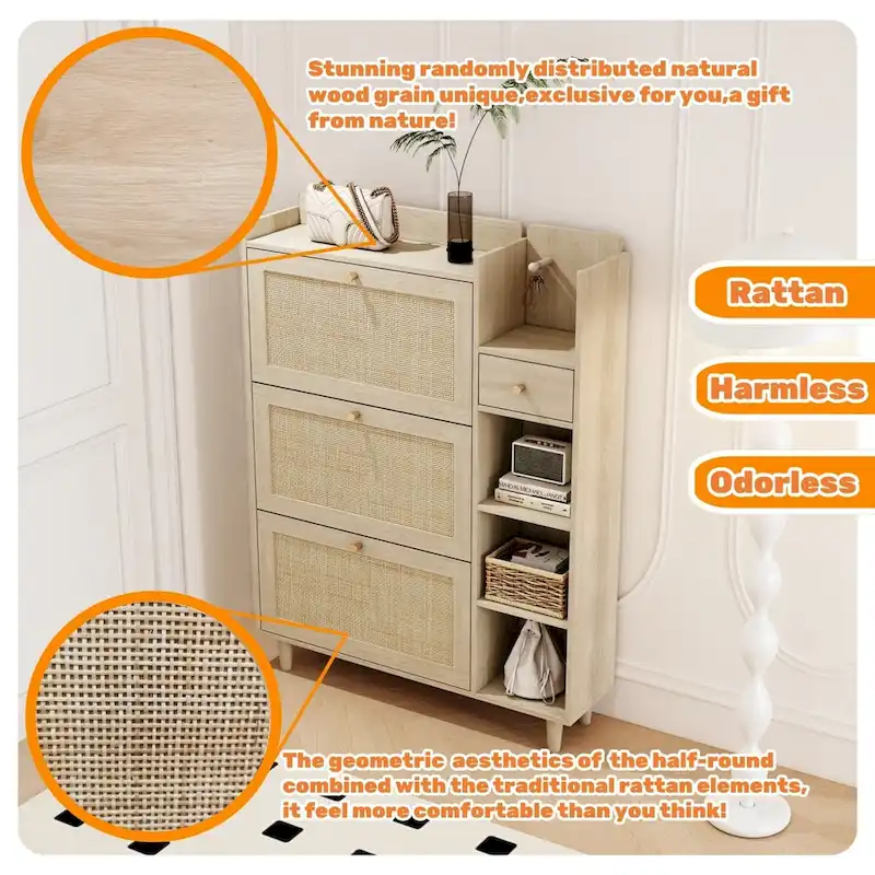 Shoe Cabinet, Shoe Rack Cabinet with 3 Rattan Flip Drawers,3 Square Shelves and 1 Storage Drawer