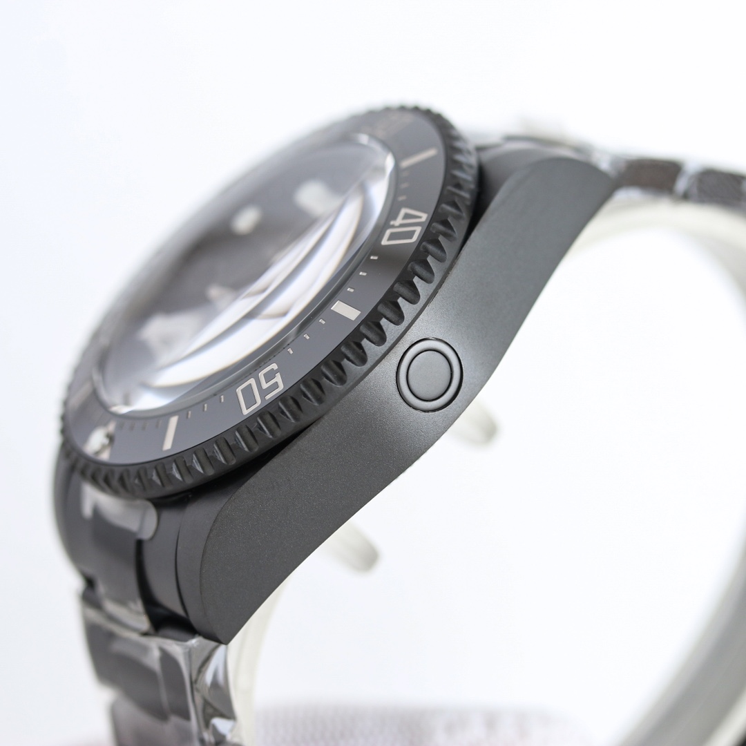 Side view of replica Rolex Deepsea Blaken with helium escape valve and matte finish