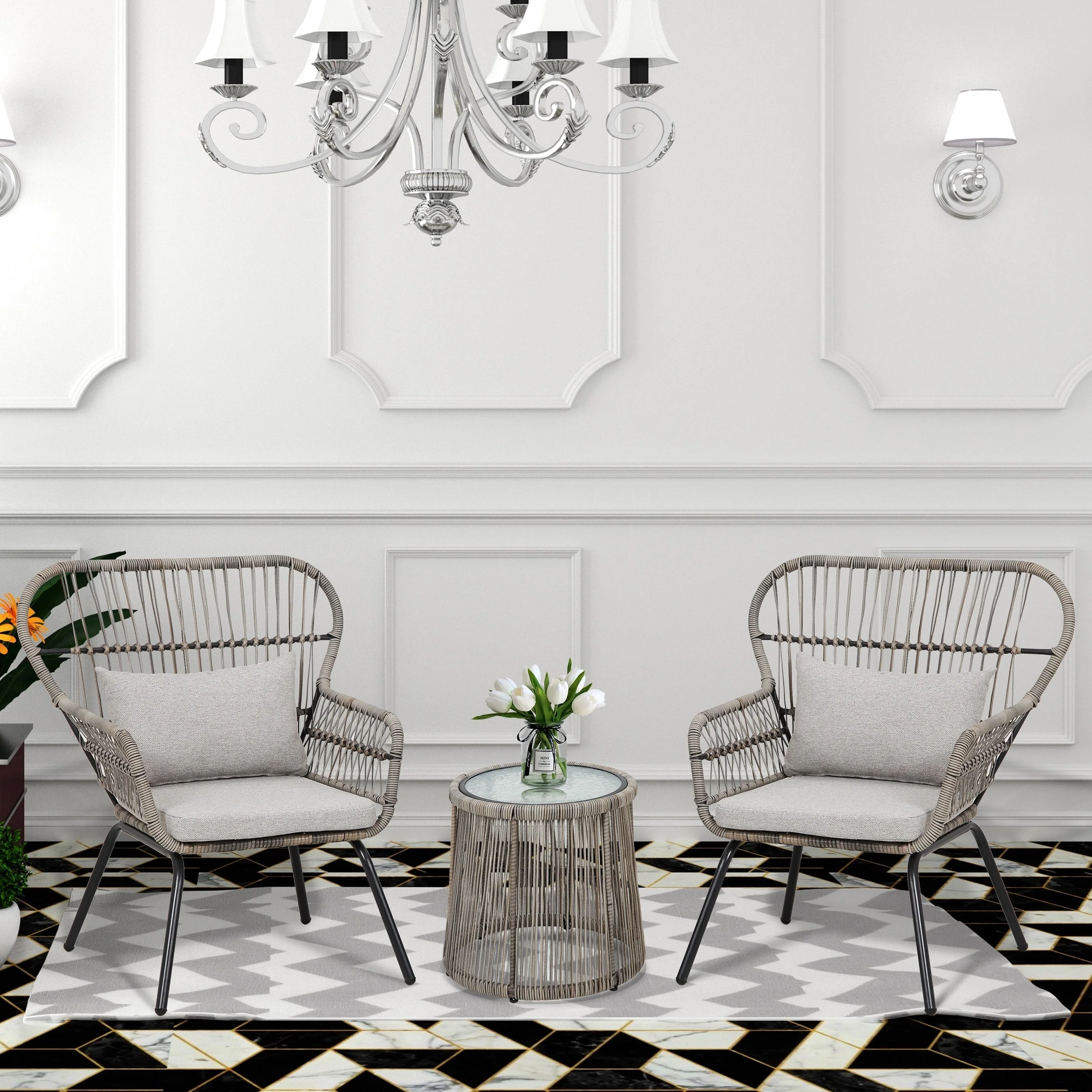 3 Piece Outdoor Wicker Conversation Bistro Set, All-Weather Rattan Furniture Patio Chairs Set with Cushions