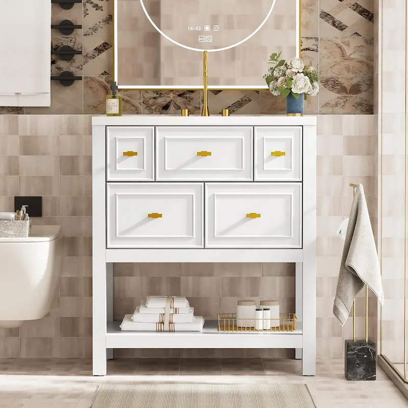 30 Bathroom Vanity with Ceramic Sink Combo, Free Standing Single Vanity Set with 5 Drawers