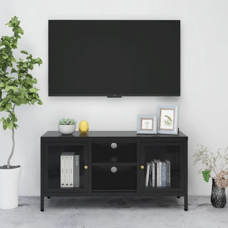 TV Cabinet Black 41.3x13.7x20.4 Steel and Glass - 41.3 x 13.7 x 20.4 - 41.3 x 13.7 x 20.4