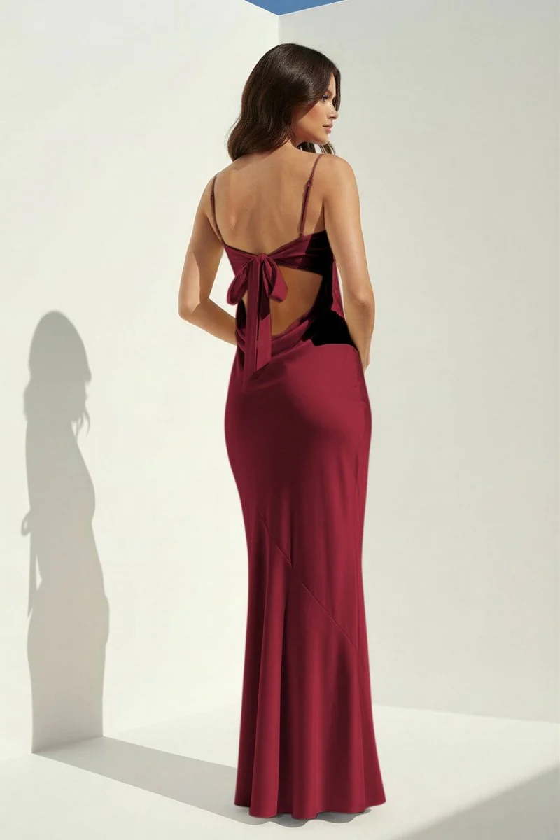 Yellow Spaghetti Straps Sheath Satin Open Back Long Prom Dresses