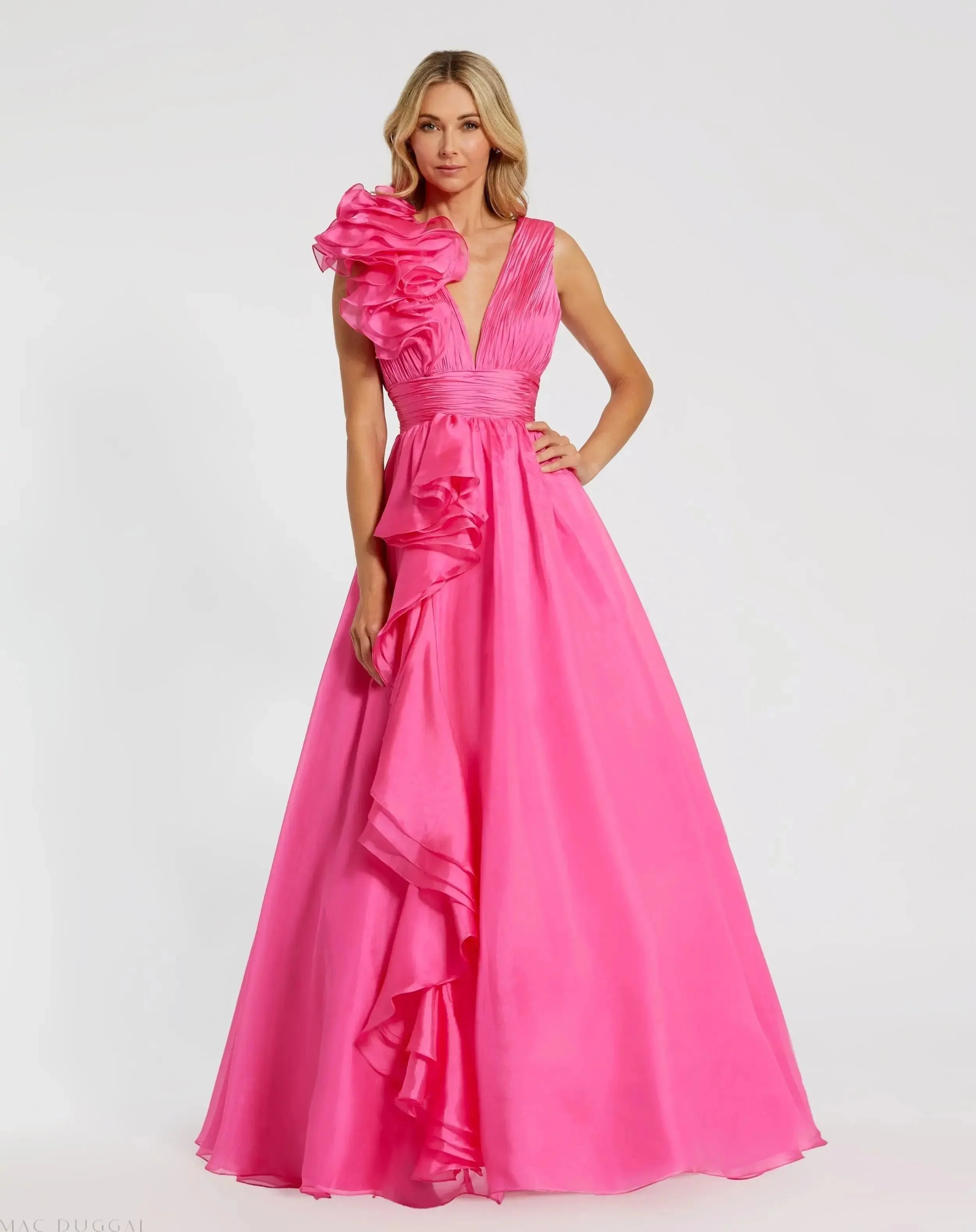 Pink Ruffle Shoulder V-Neck Chiffon Gown