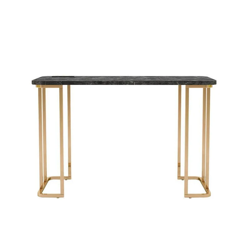 Jenny 47 Inch Desk, USB Power Outlet, Gold Metal Legs, Black Faux Marble
