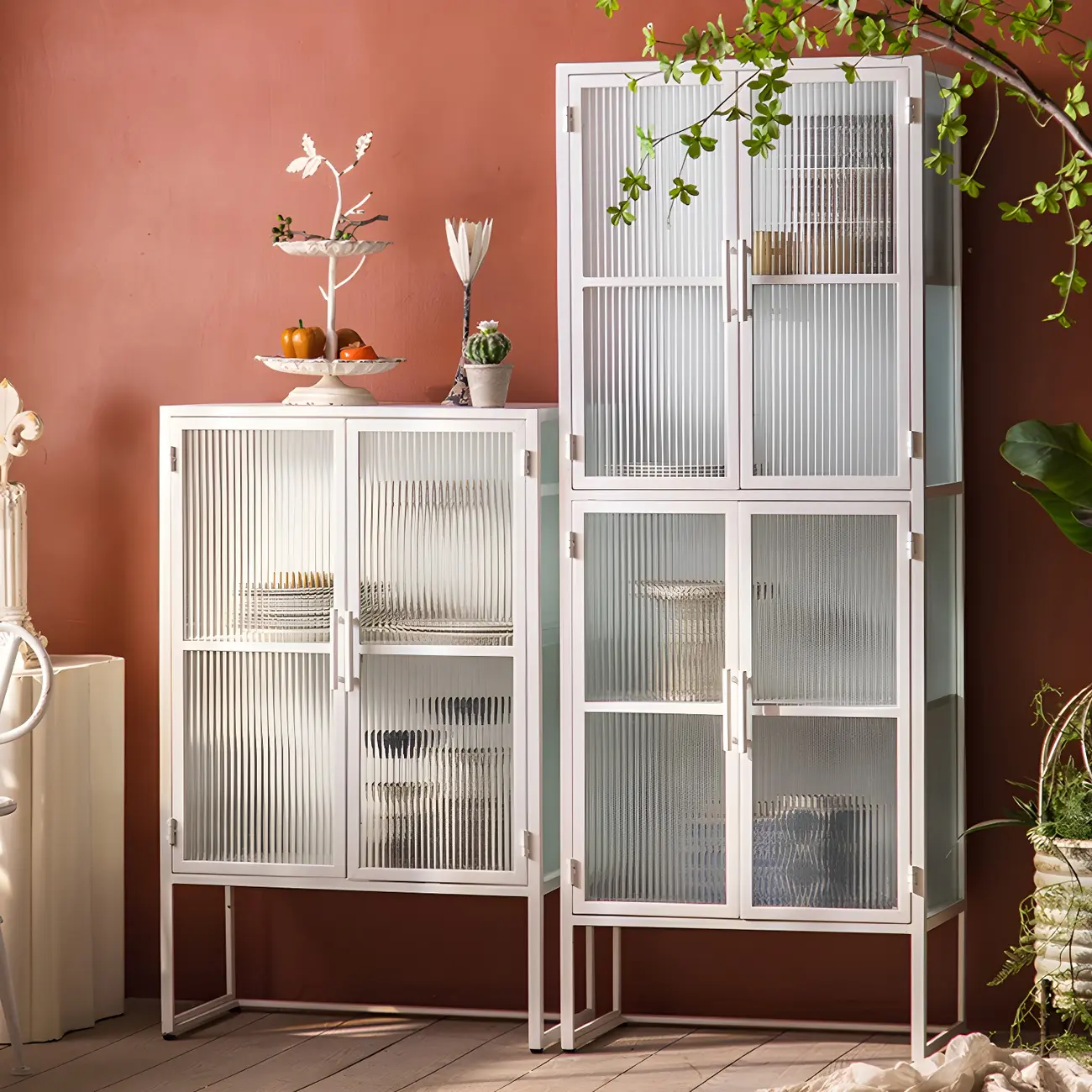 Contemporary Metal White Glass Door Display Cabinet