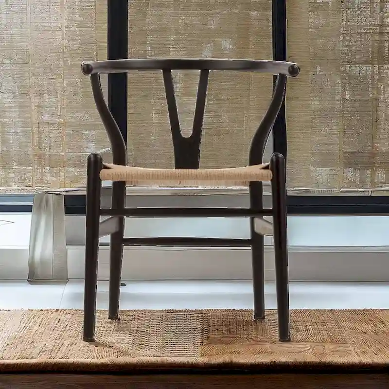 Solid Wood Dining Chair Set of 4 - Woven Seat Danish Design - Natural Wood Frame Kitchen Chairs