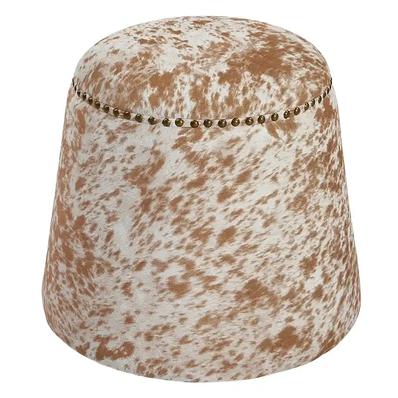 Cow Hide Pouf Ottoman with Nail Heads - 17 - Brown and White