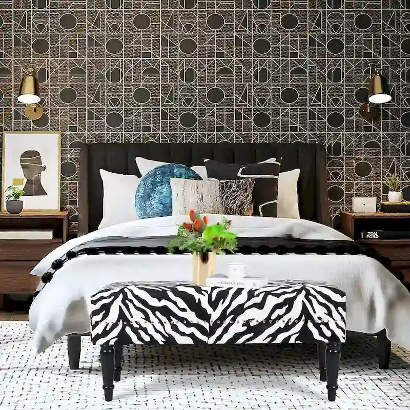 Adeco Cow Print Fabric Rectangular Bench Ottoman