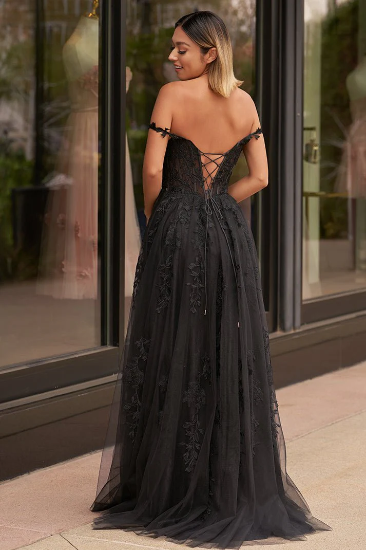 A-line V Neck Lace Tulle Prom Dress With Slit