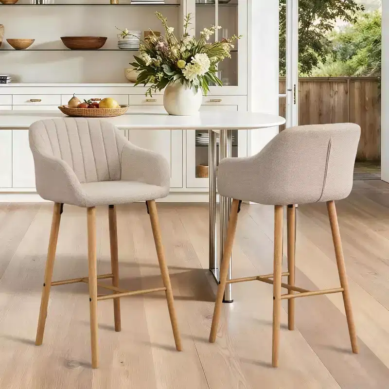 TUYOHW Modern Solid Wood Bar Stools Set of 2,Kitchen Island Tall Chairs with Armrest & Footrest,Soft Linen Fabric Counter Height Bar Stools