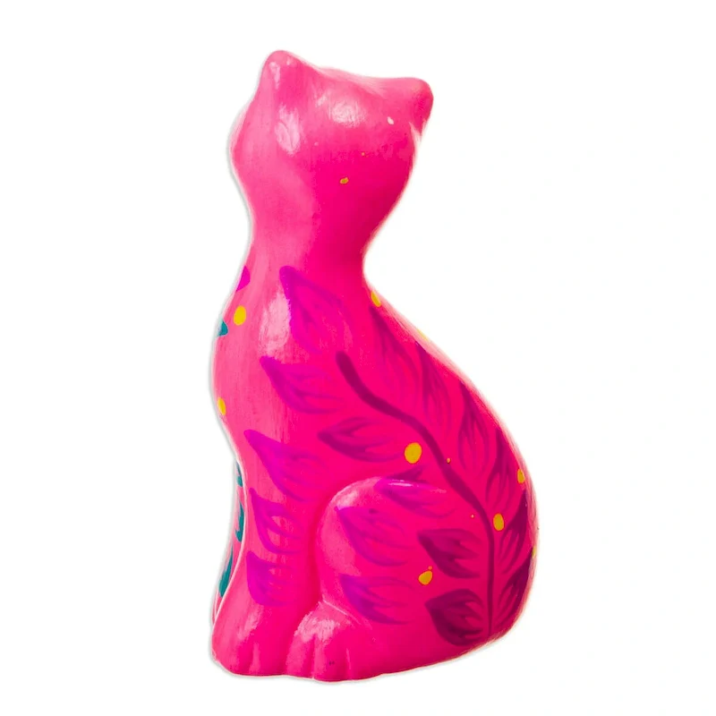 Novica Handmade Sweet Cat In Pink Ceramic Figurine