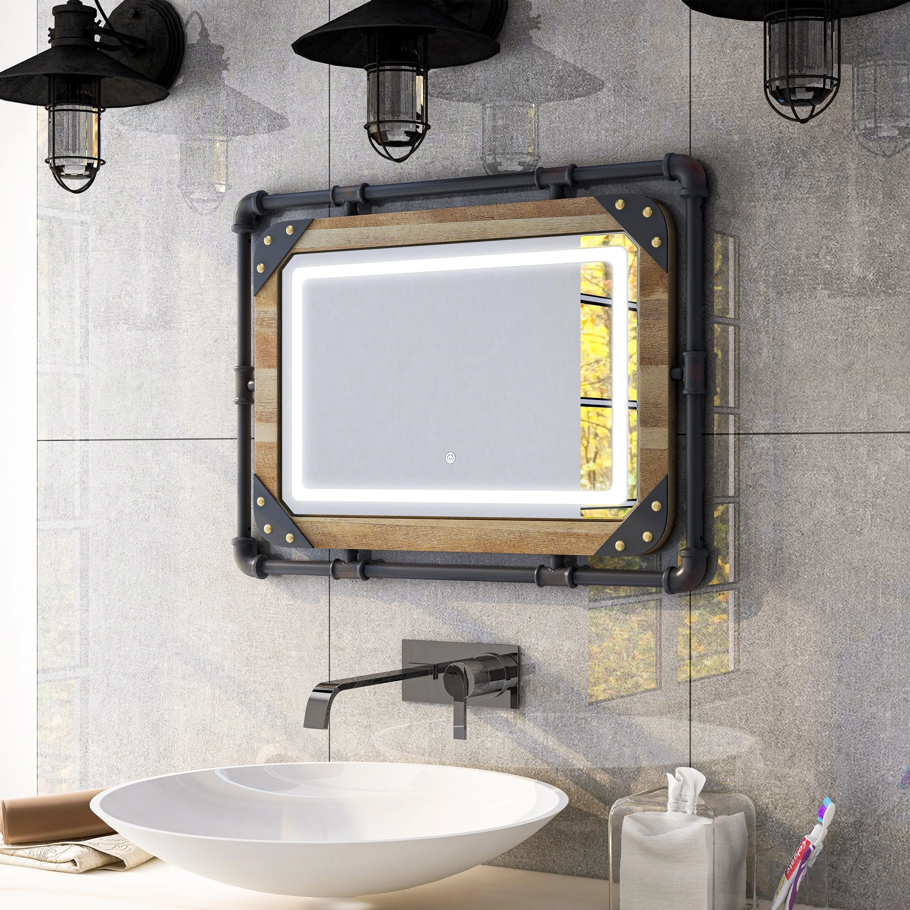 Furniture of America Inyo Industrial Metal Wall Mirror with LED Lights