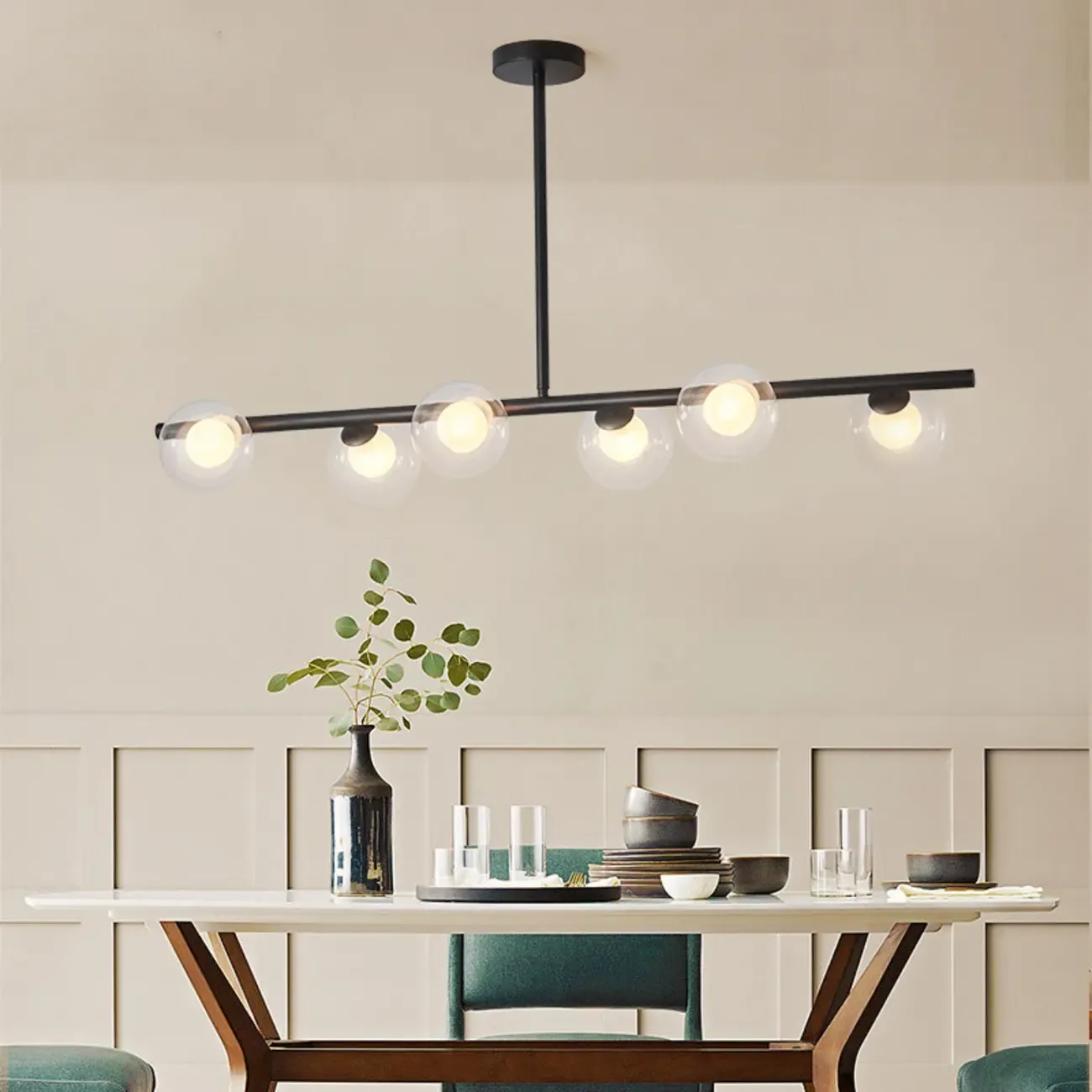 Gold Linear Island Light with 6 Lights Transparent Glass Globe Shades